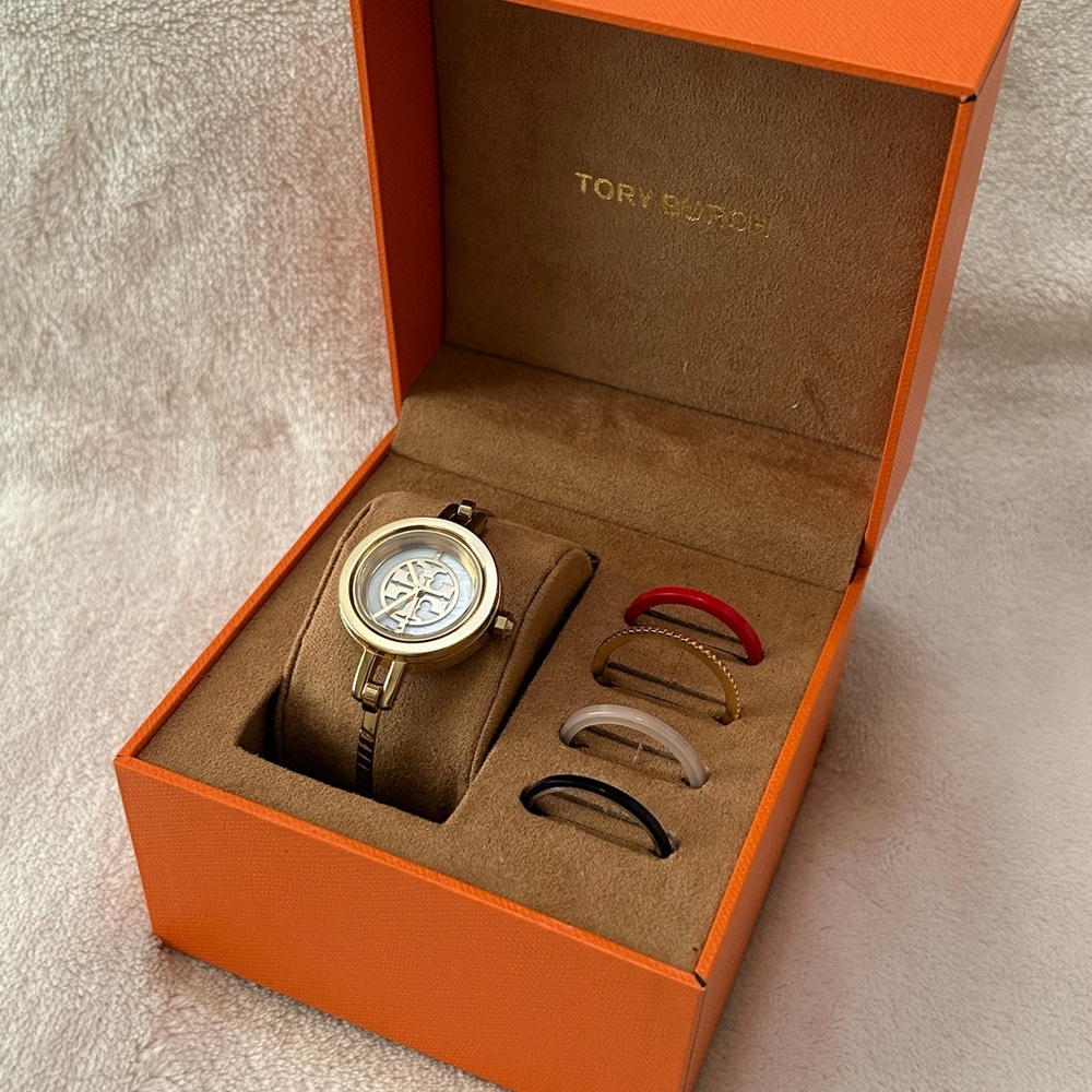 Tory Burch Women's Reva Gold-Tone Stainless Steel Bangle Bracelet Watch 27mm